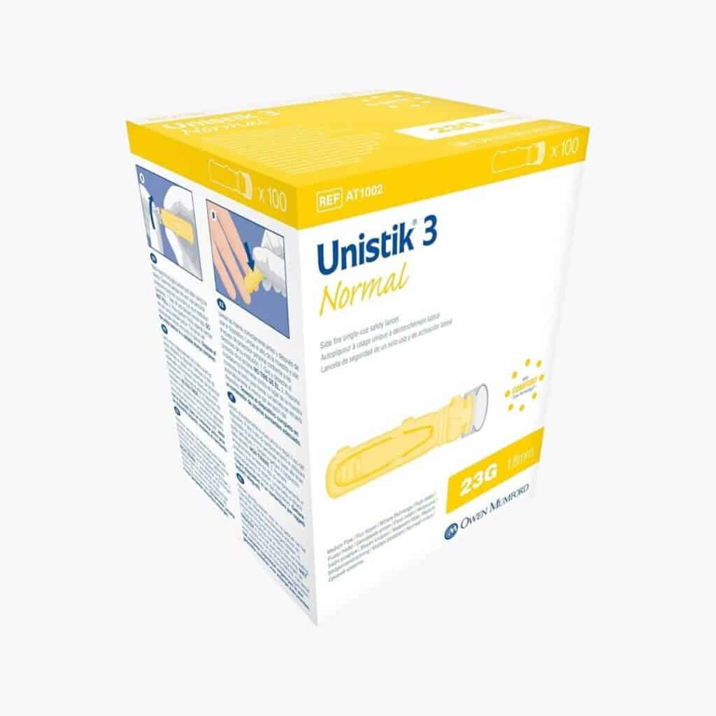 at 1002 unistik 3 normal safety lancets, 1.8mm depth, 23 gauge