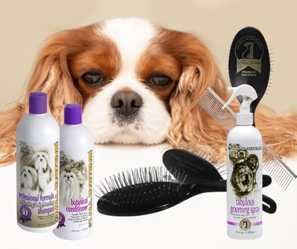 all systems professional grooming kit for cavalier king charles spaniel, shampoo, conditioner, fabulous grooming spray, brush, comb