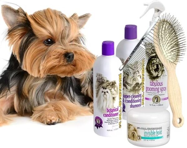 all systems yorkie grooming kit, 6 piece set with shampoo, conditioner, spray, gel, brush, comb