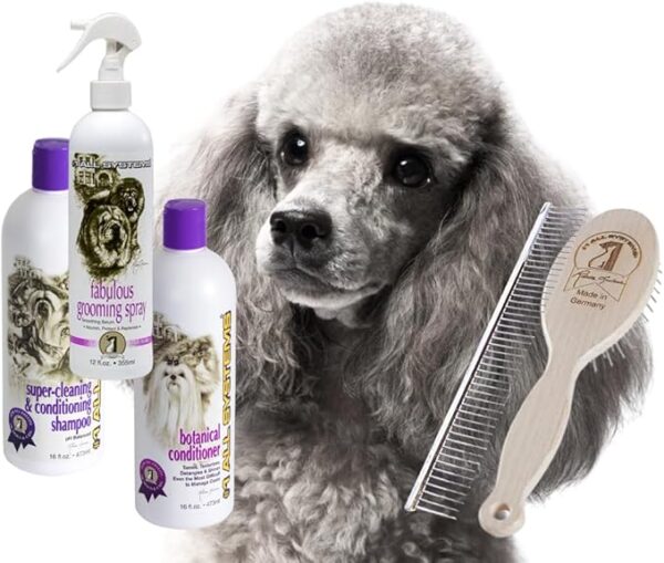all systems poodle grooming package, shampoo, conditioner, spray, brush and the perfect poodle comb
