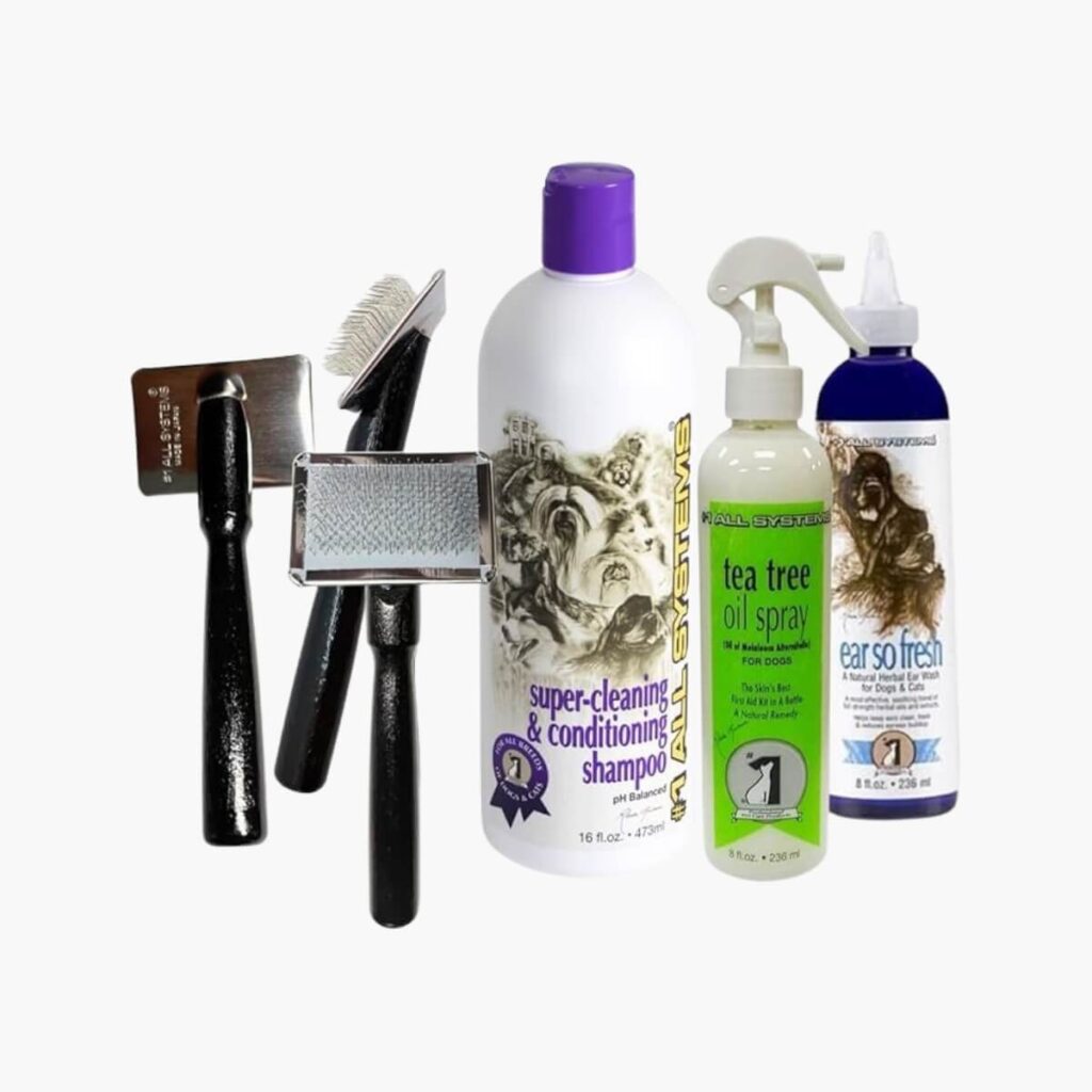 all systems pet grooming kit with shampoo, tea tree oil spray, ear solution, and slicker brush