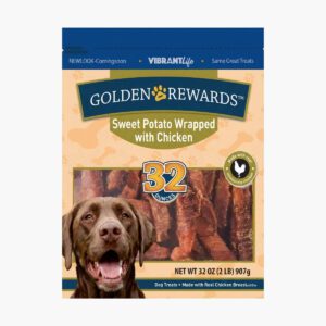 pack of 3 golden rewards sweet potato wrapped with chicken dried dog treats, 32 oz