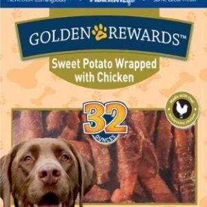 pack of 3 golden rewards sweet potato wrapped with chicken dried dog treats, 32 oz
