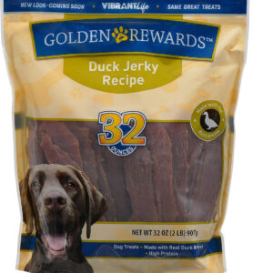 pack of 2 golden rewards duck jerky dog treats, 32 oz